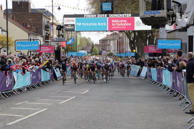 Tour de Yorkshire 2018 cyclists at the finish line
